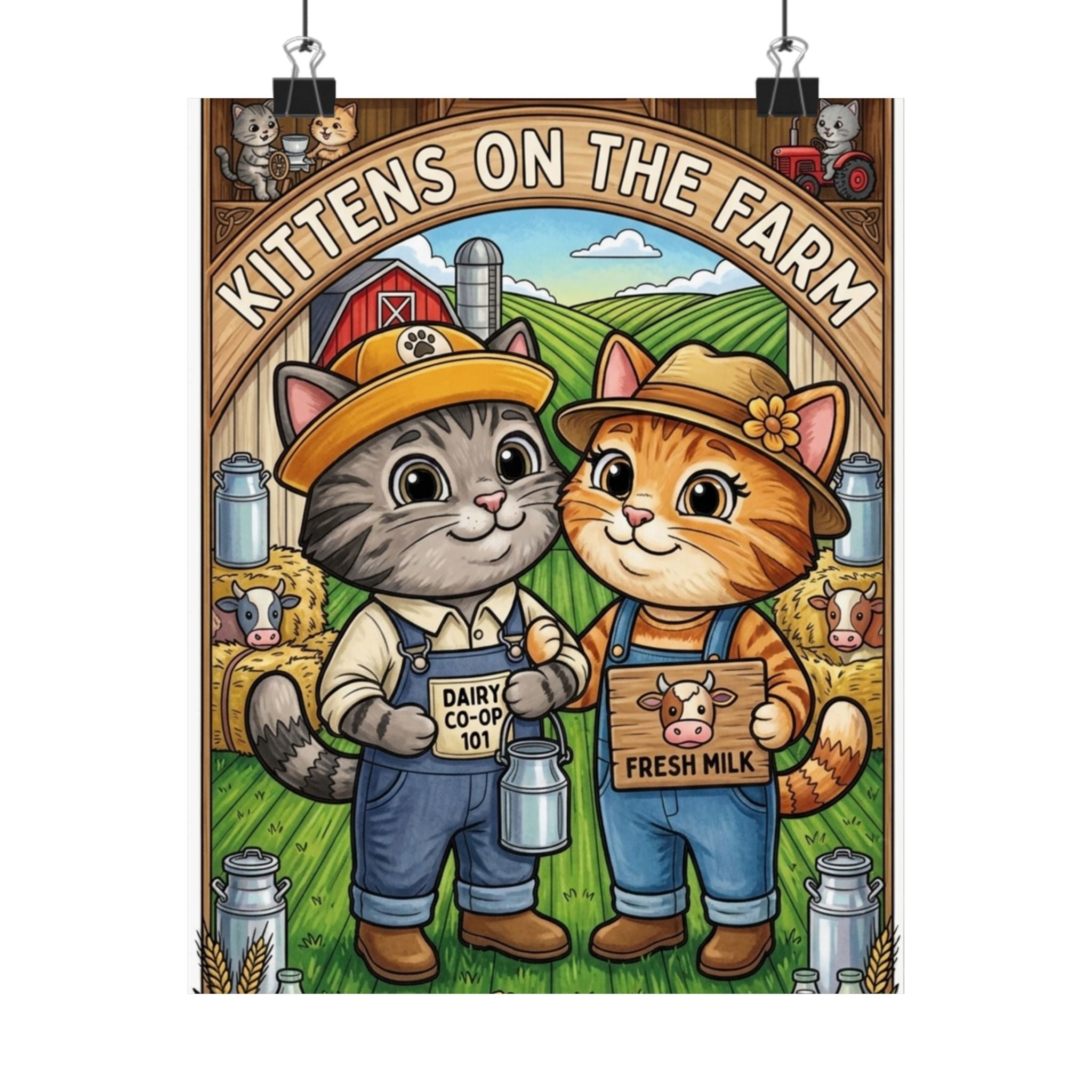 Kittens on the Farm Poster — Cute Matte Vertical Cat Farm Print