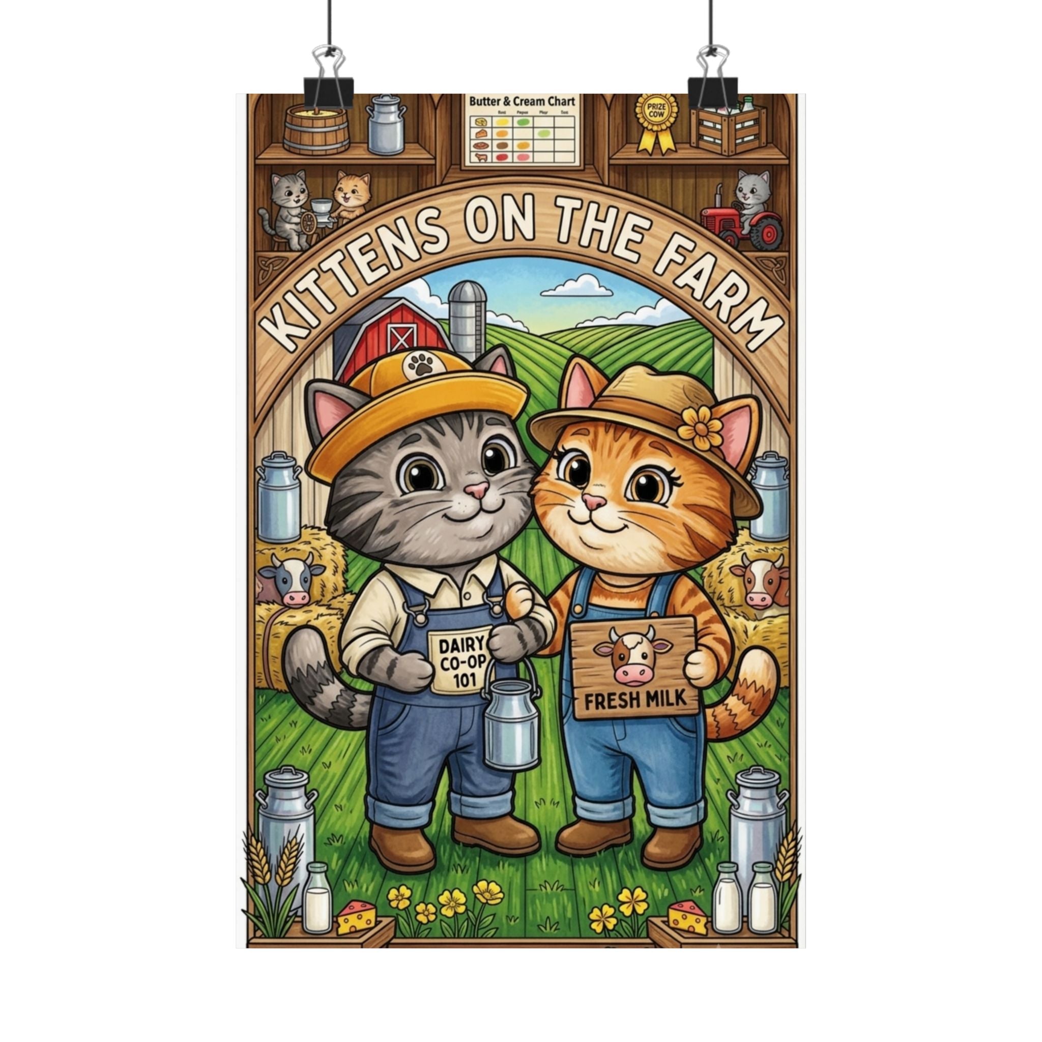 Kittens on the Farm Poster — Cute Matte Vertical Cat Farm Print