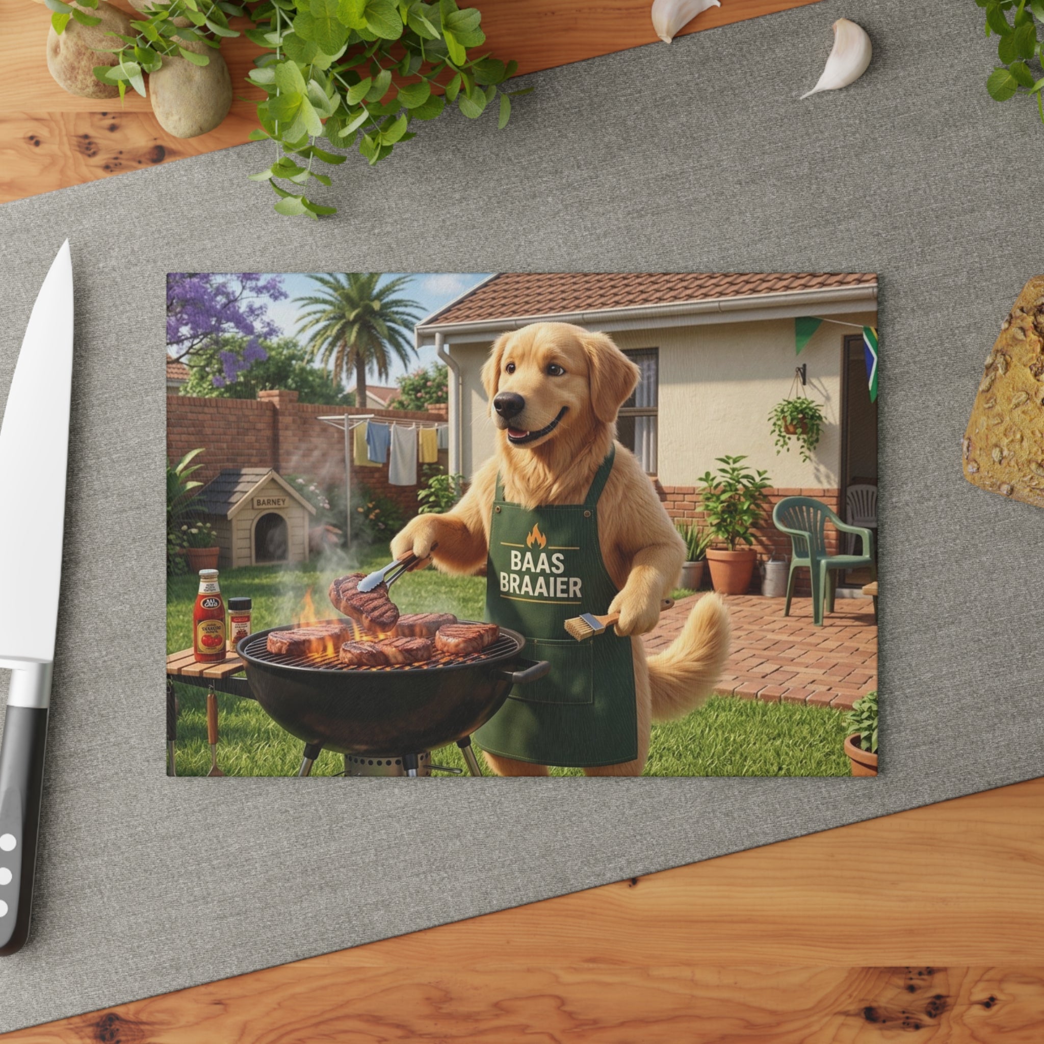 Glass Cutting Board — "Baas Braaier" Golden Retriever BBQ Design