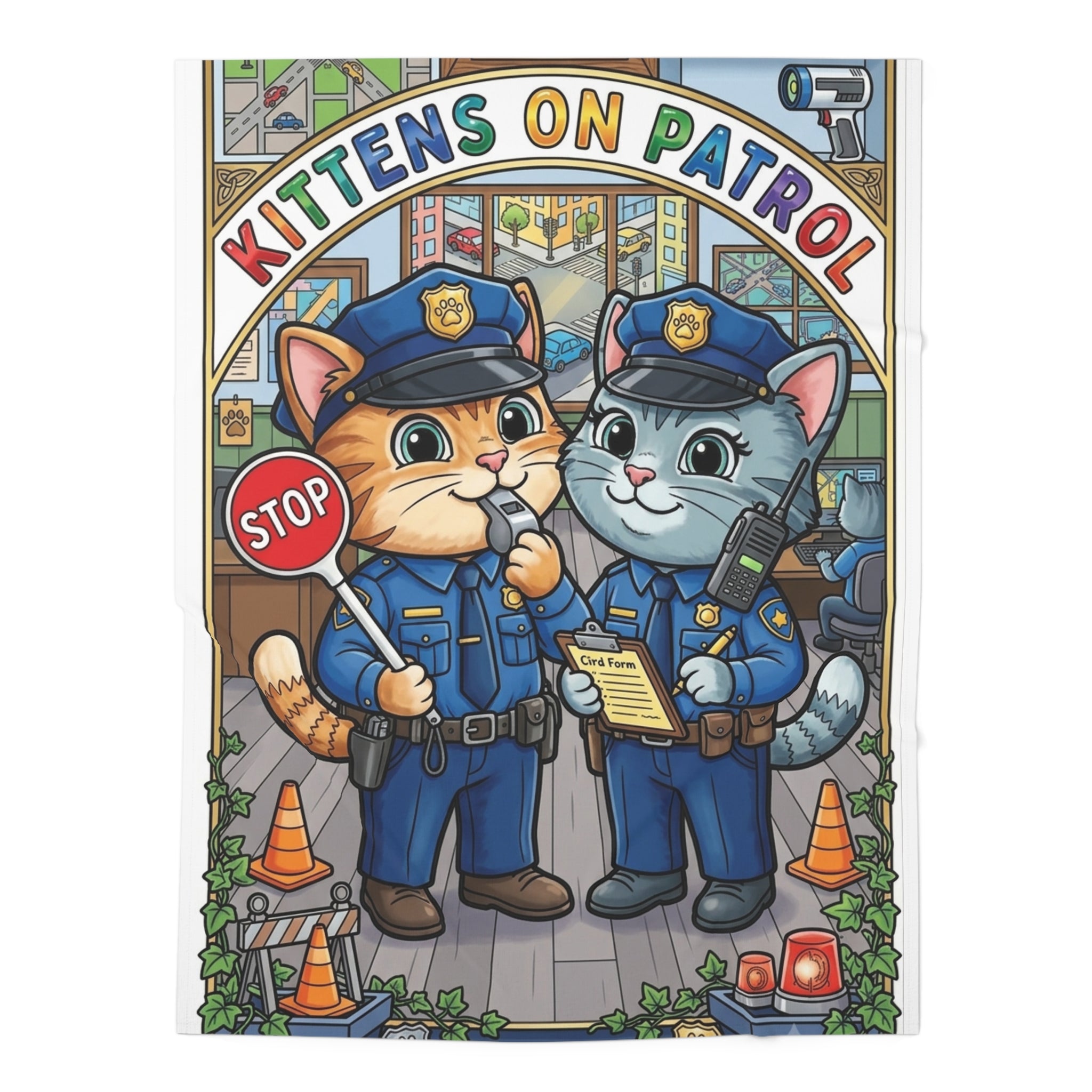 Kittens on Patrol Baby Swaddle Blanket — Cute Police Cat Nursery Swaddle