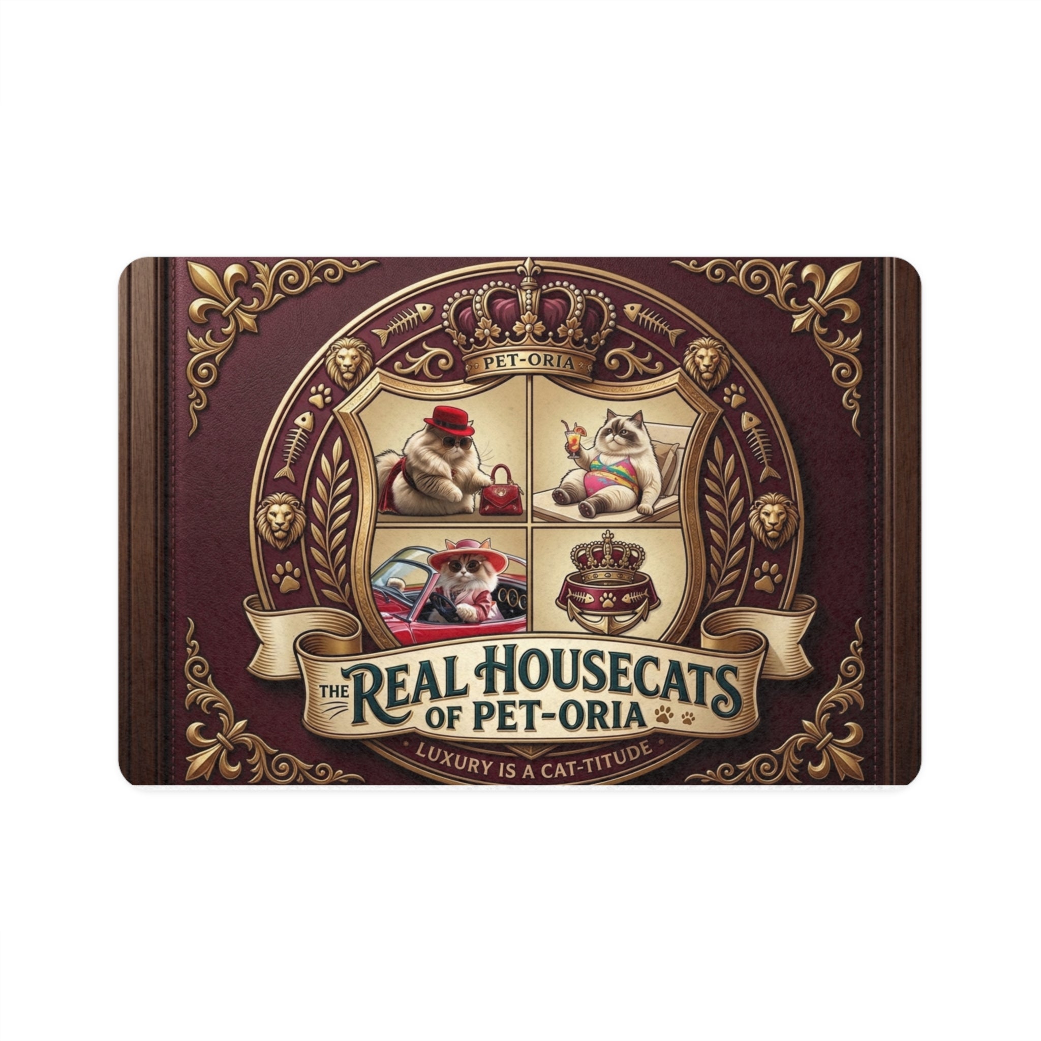 Pet Food Mat — 'The Real Housecats of Pet-oria' Luxury Cat Crest Feeding Mat (12x18)