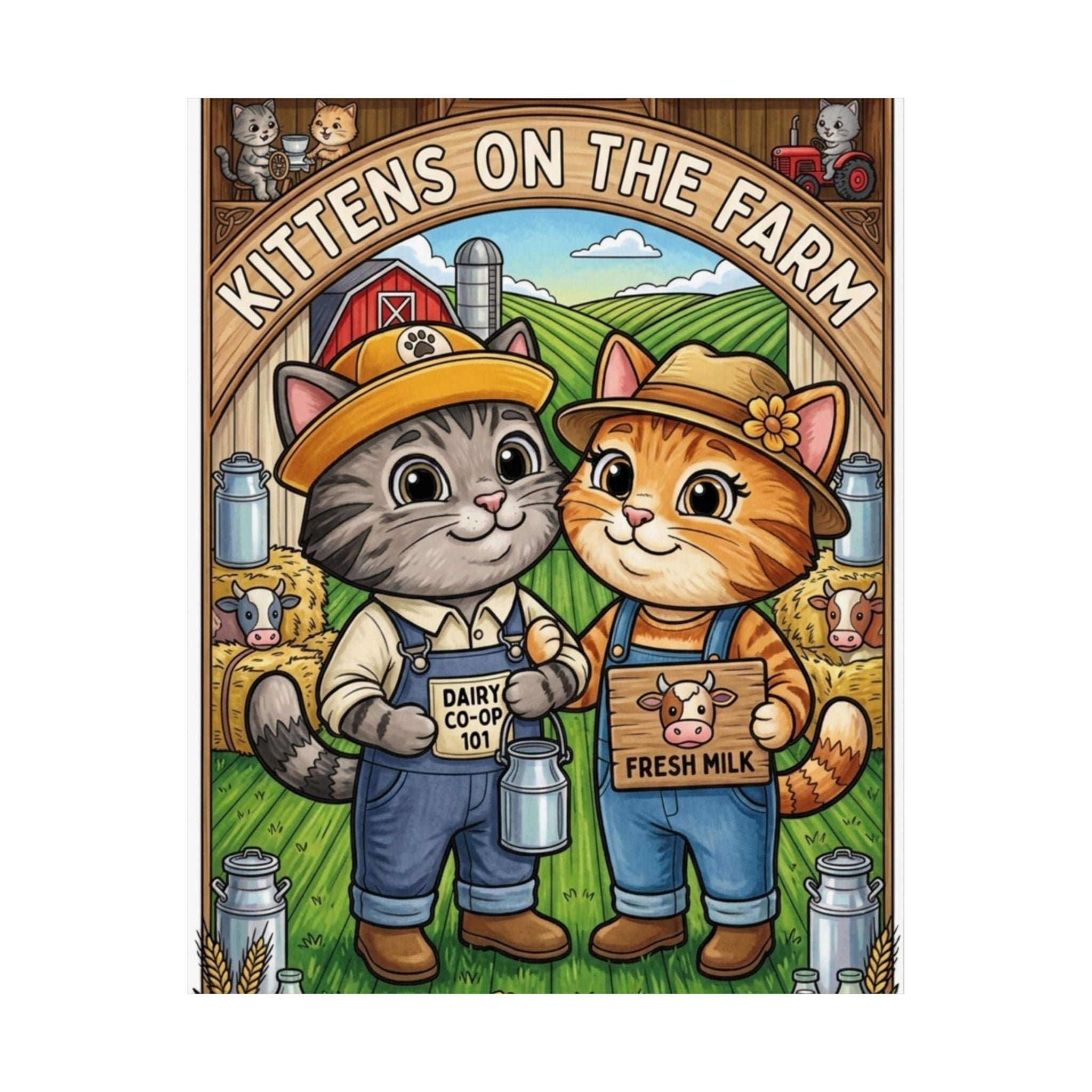 Kittens on the Farm Poster — Cute Matte Vertical Cat Farm Print