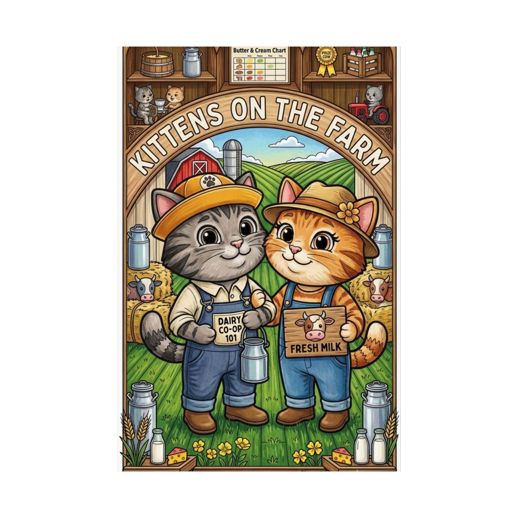 Kittens on the Farm Poster — Cute Matte Vertical Cat Farm Print