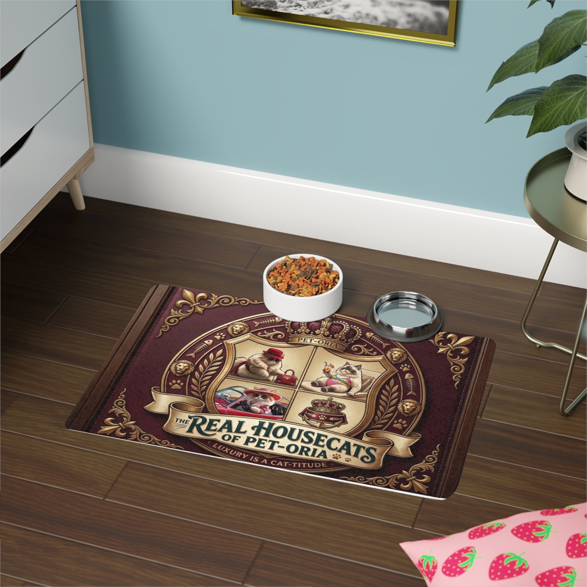 Pet Food Mat — 'The Real Housecats of Pet-oria' Luxury Cat Crest Feeding Mat (12x18)