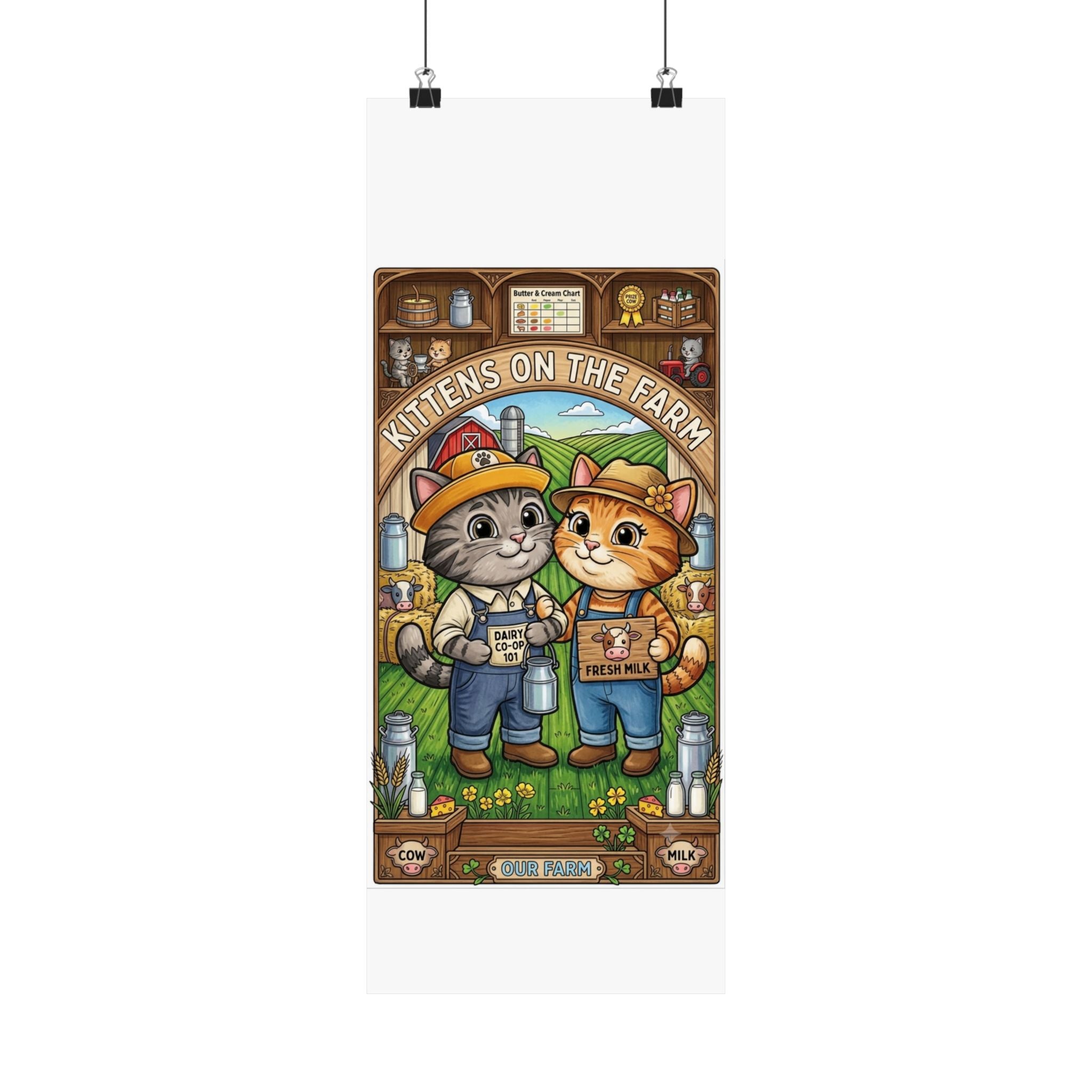 Kittens on the Farm Poster — Cute Matte Vertical Cat Farm Print