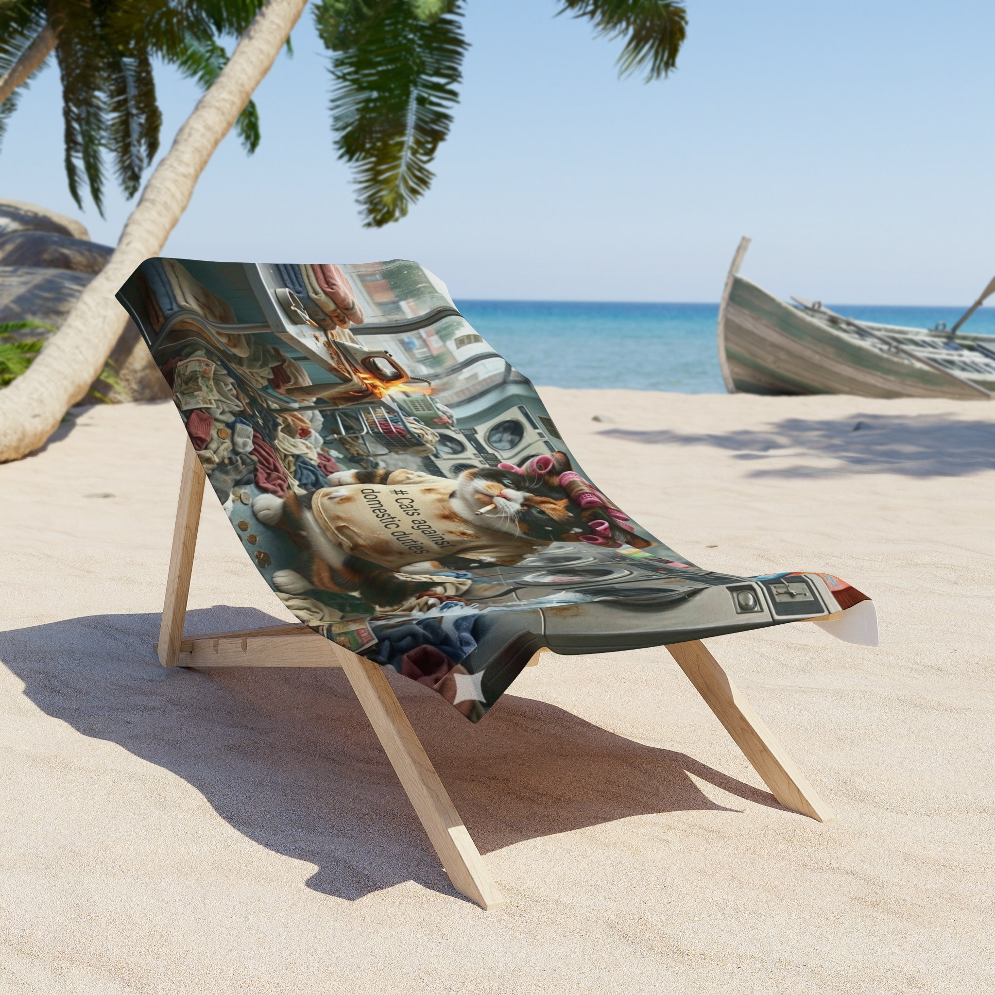 Funny Cat Laundry Scene Beach Towel — "Cats Against Domestic Duties"