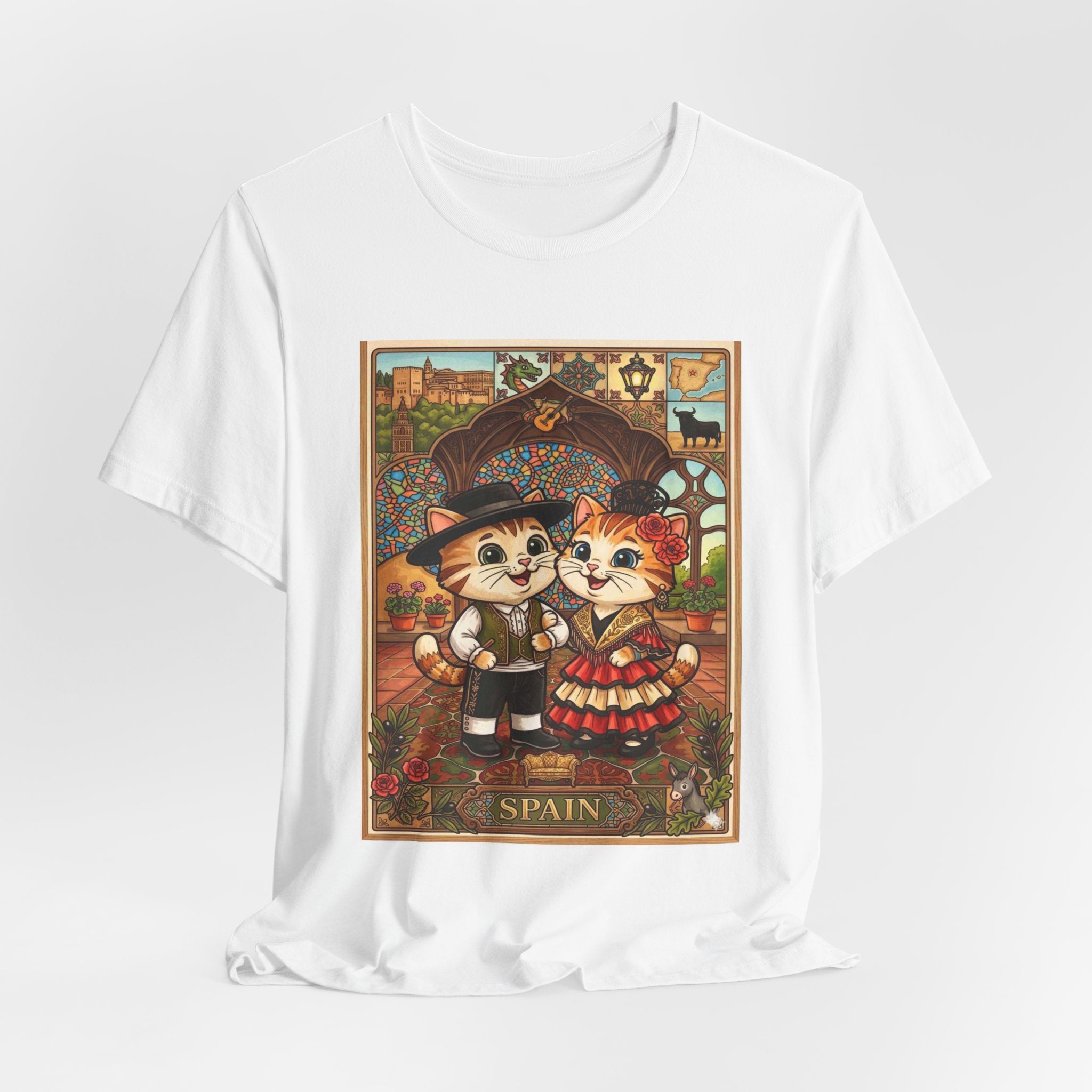 Spain Cat Couple T-Shirt — Cute Spanish Flamenco Cats Illustration Tee